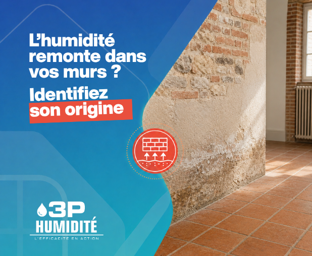 Remontées capillaires visibles au bas d’un mur intérieur
