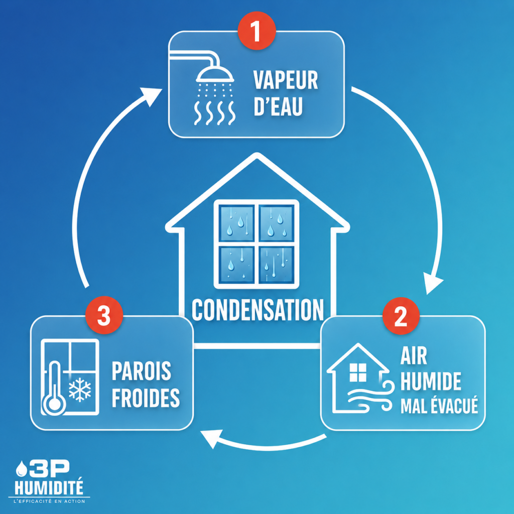Schéma expliquant la formation de la condensation dans une maison